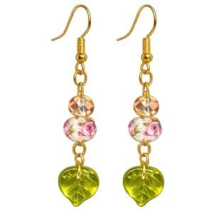 Czech Glass Rose & Leaf Dangle Earrings